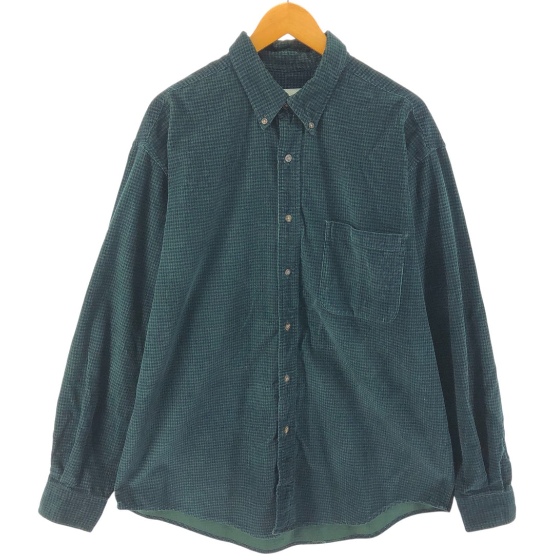 Eddie Bauer Check Pattern Long Sleeve Button-Down Corduroy Shirt, Men's Size L cotton dark green Vintage Second Hand