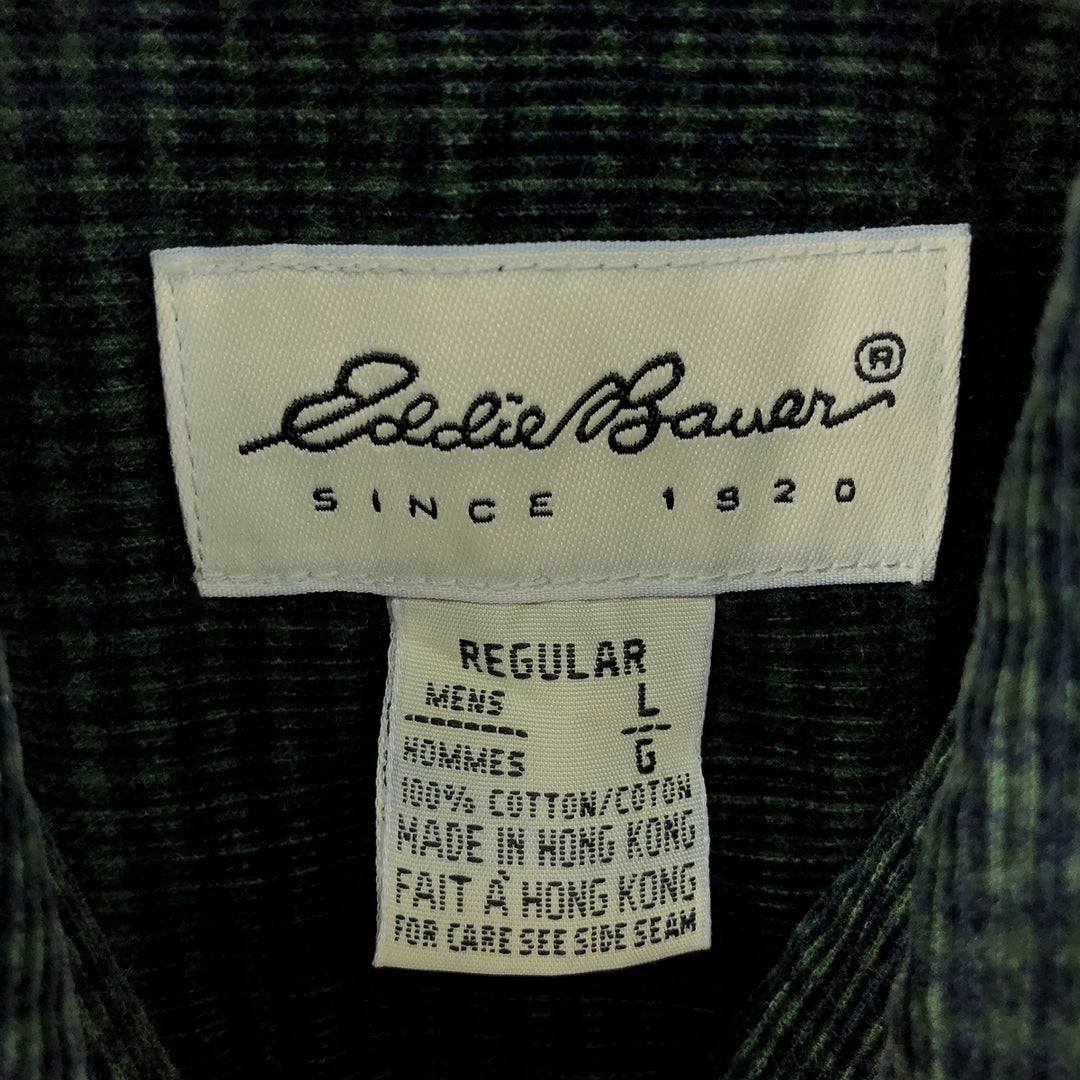 Eddie Bauer Check Pattern Long Sleeve Button-Down Corduroy Shirt, Men's Size L cotton dark green Vintage Second Hand