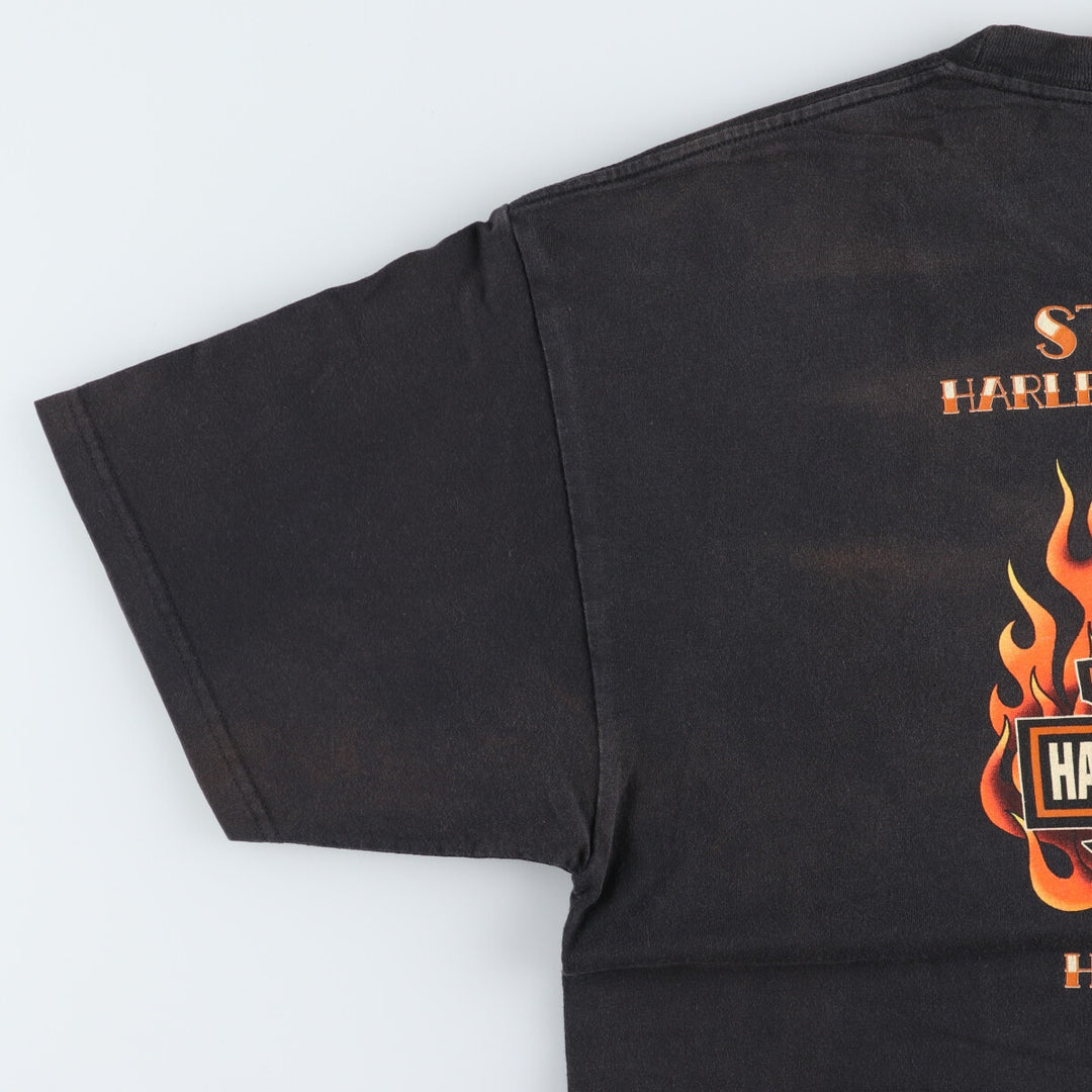 00'S Harley-Davidson Fire Pattern Motorcycle Bike T-Shirt Men's XL cotton black type Vintage Second Hand