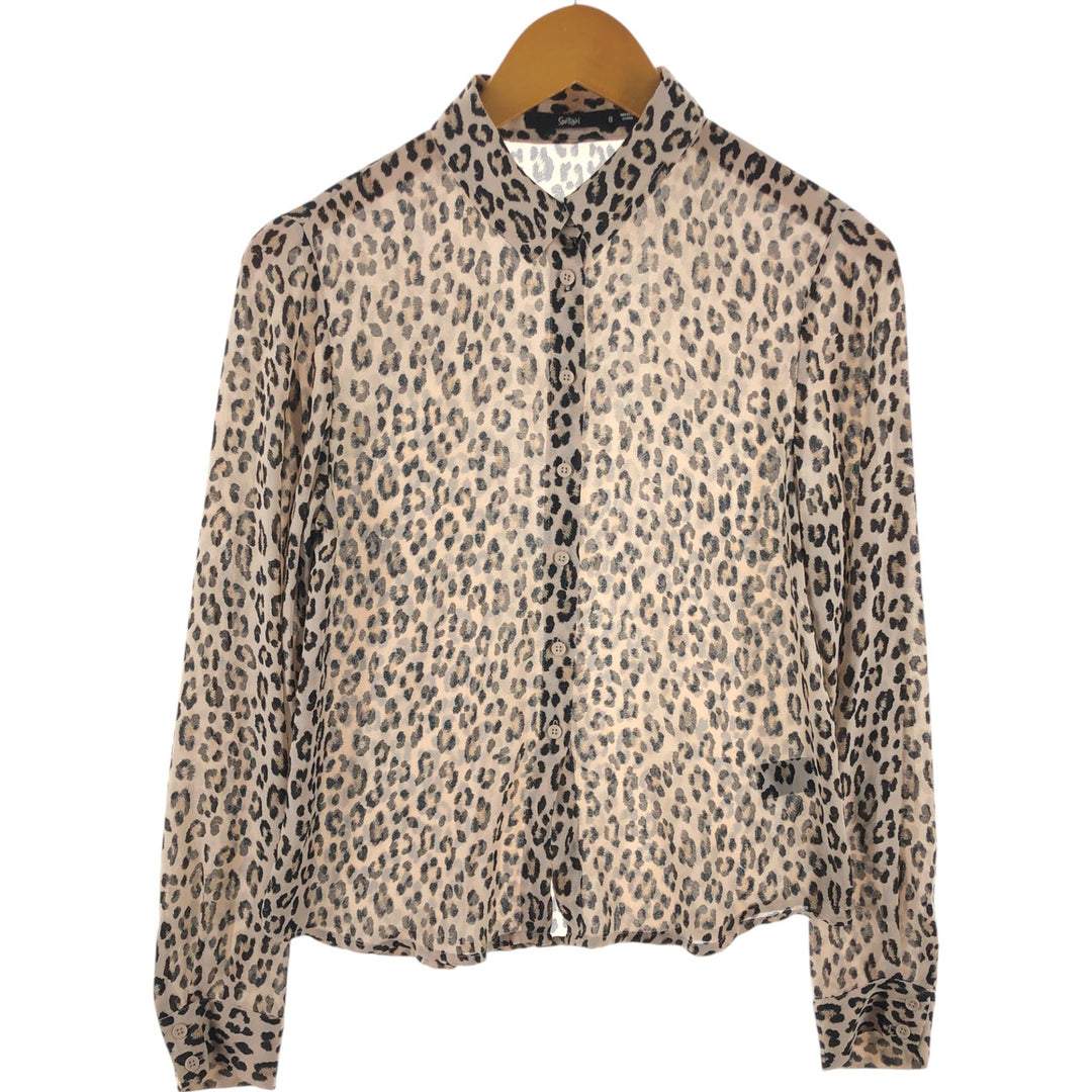 Sportsgirl Leopard Pattern Long Sleeve See-Through Blouse, Women's Size Small polyester Beige type Vintage Second Hand