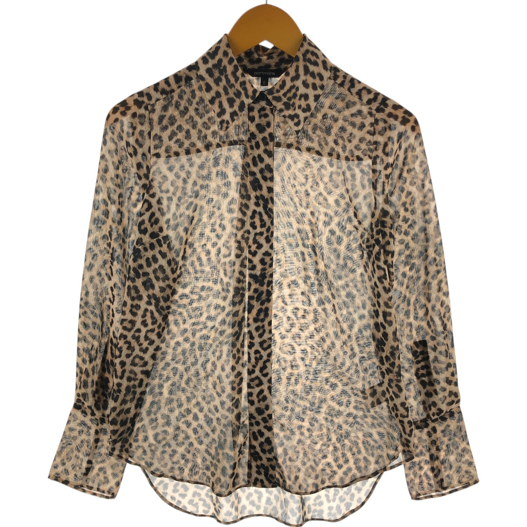 Portmans Leopard Pattern Long Sleeve See-Through Blouse, Women's Size Small polyester Beige type Vintage Second Hand