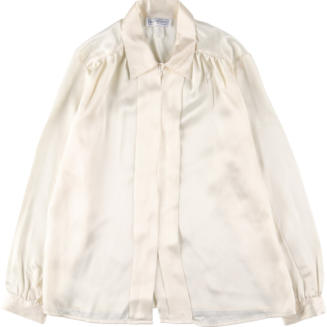 impressions long sleeve open collar blouse, women's size L polyester ivory Vintage Second Hand