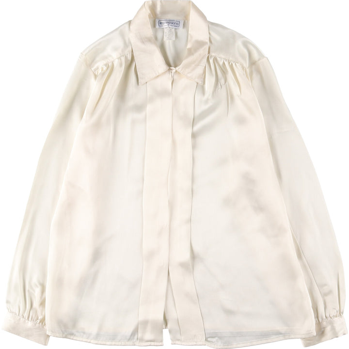 impressions long sleeve open collar blouse, women's size L polyester ivory Vintage Second Hand