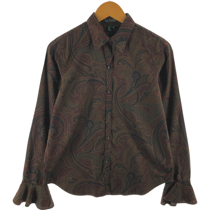 Ralph Lauren LAUREN all-over paisley pattern blouse with flared cuffs and long sleeves, size M cotton Khaki type brown Vintage Second Hand