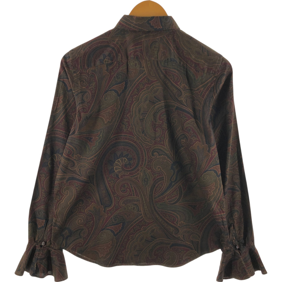 Ralph Lauren LAUREN all-over paisley pattern blouse with flared cuffs and long sleeves, size M cotton Khaki type brown Vintage Second Hand