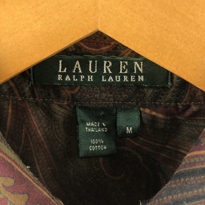 Ralph Lauren LAUREN all-over paisley pattern blouse with flared cuffs and long sleeves, size M cotton Khaki type brown Vintage Second Hand