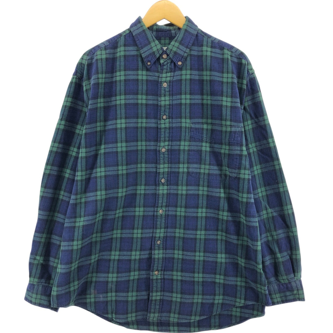 90'S Eddie Bauer Blackwatch Check Long Sleeve Button-Down Light Flannel Check Shirt, Men's Size L cotton navy blue type Vintage Second Hand