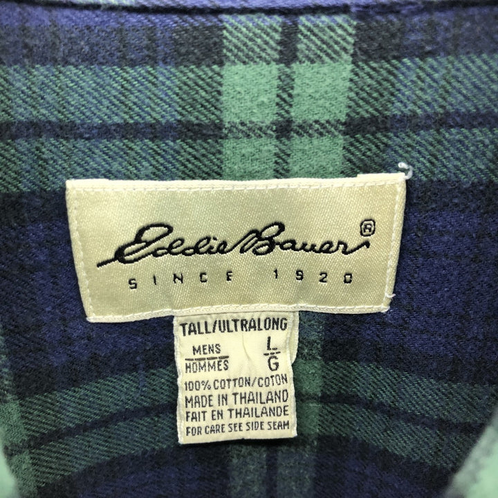 90'S Eddie Bauer Blackwatch Check Long Sleeve Button-Down Light Flannel Check Shirt, Men's Size L cotton navy blue type Vintage Second Hand