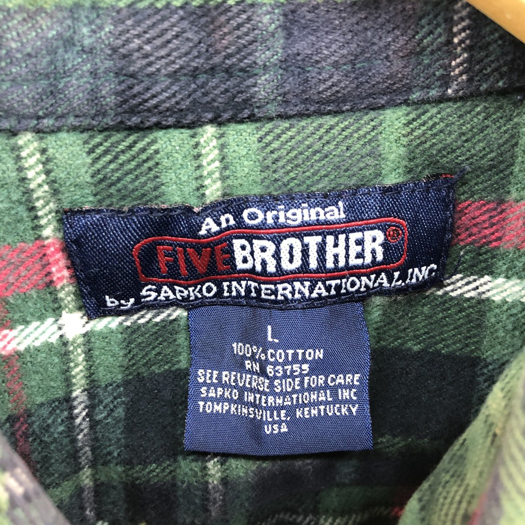 Five Brother Long Sleeve Heavy Flannel Check Shirt, Men's Size L cotton green type Vintage Second Hand