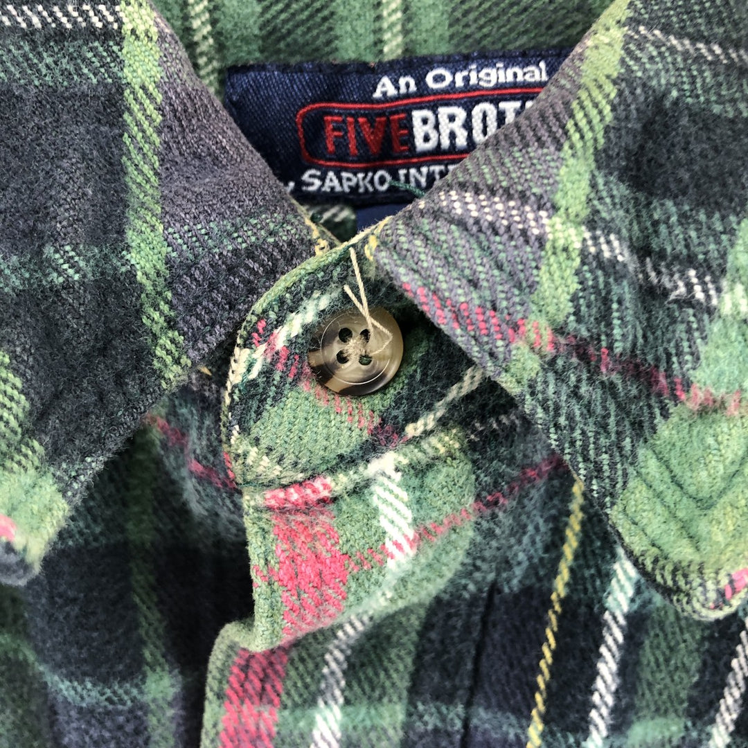 Five Brother Long Sleeve Heavy Flannel Check Shirt, Men's Size L cotton green type Vintage Second Hand