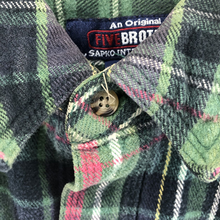 Five Brother Long Sleeve Heavy Flannel Check Shirt, Men's Size L cotton green type Vintage Second Hand