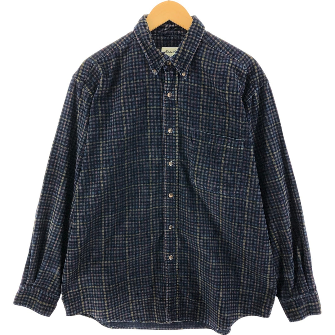 00'S Eddie Bauer long sleeve button down corduroy shirt, men's size L cotton navy blue type Vintage Second Hand
