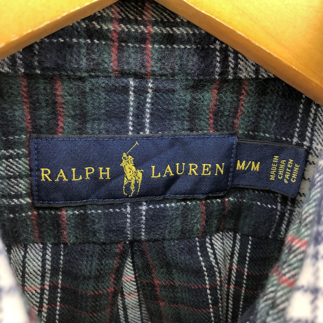 Ralph Lauren long-sleeved button-down light flannel check shirt, men's size M cotton navy blue type Vintage Second Hand