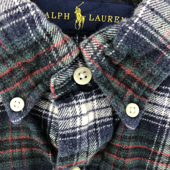 Ralph Lauren long-sleeved button-down light flannel check shirt, men's size M cotton navy blue type Vintage Second Hand