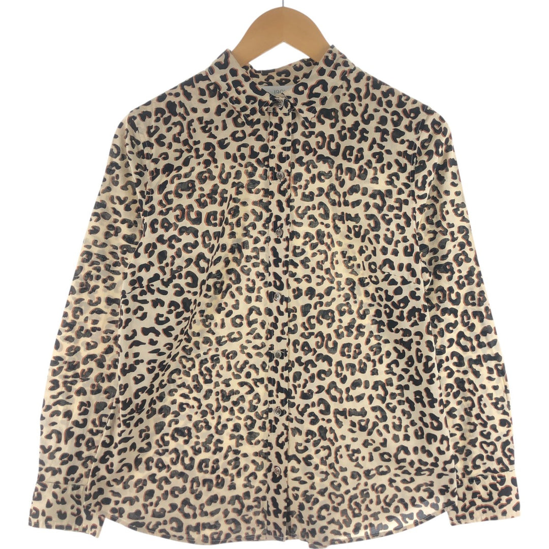 1901 Leopard Pattern Long Sleeve Cotton Shirt, Women's Size Medium cotton Beige type Vintage Second Hand