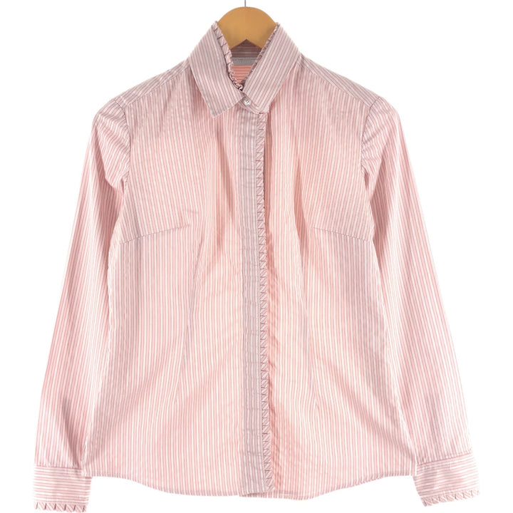 NEW YORK & COMPANY Ruffled Long Sleeve Cotton Striped Shirt, Women's Size Small cotton pink type Vintage Second Hand