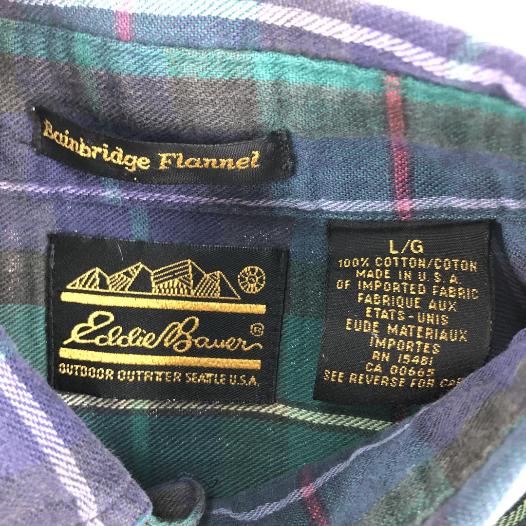 Vintage 80s-90'S Eddie Bauer black tag long-sleeved button-down light flannel check shirt, made in the USA, men's size L cotton green type Vintage Second Hand