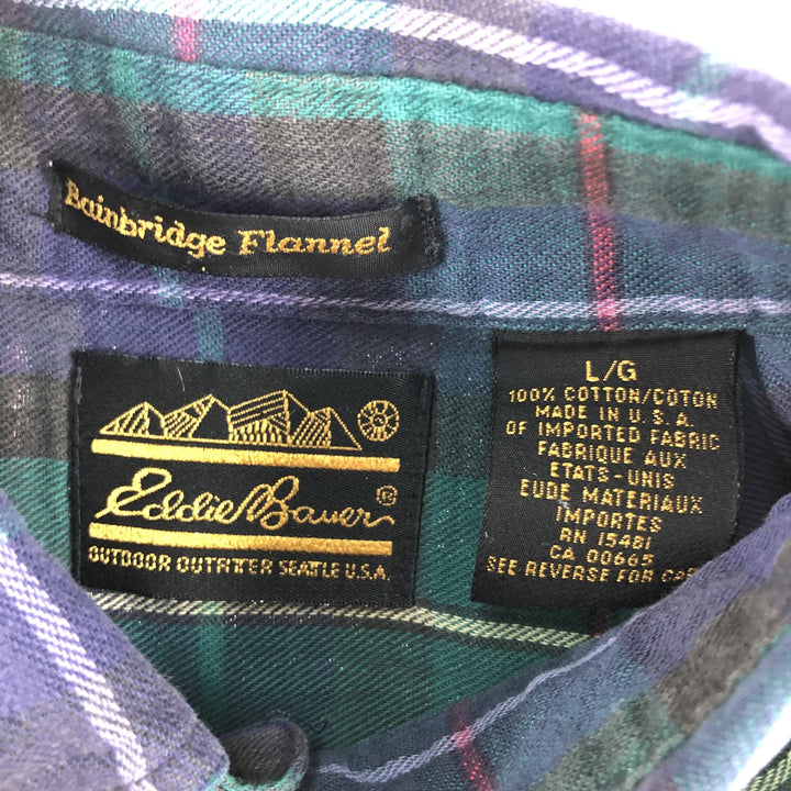 Vintage 80s-90'S Eddie Bauer black tag long-sleeved button-down light flannel check shirt, made in the USA, men's size L cotton green type Vintage Second Hand