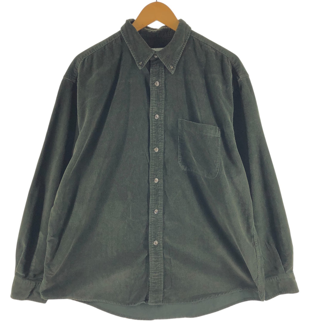 90s-00'S Eddie Bauer long-sleeved button-down corduroy shirt, men's size L cotton dark green Vintage Second Hand