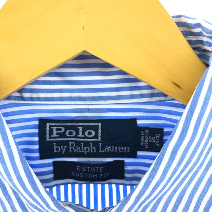 Ralph Lauren POLO by Ralph Lauren Estate wide collar long sleeve cotton striped shirt, men's size L cotton blue type Vintage Second Hand