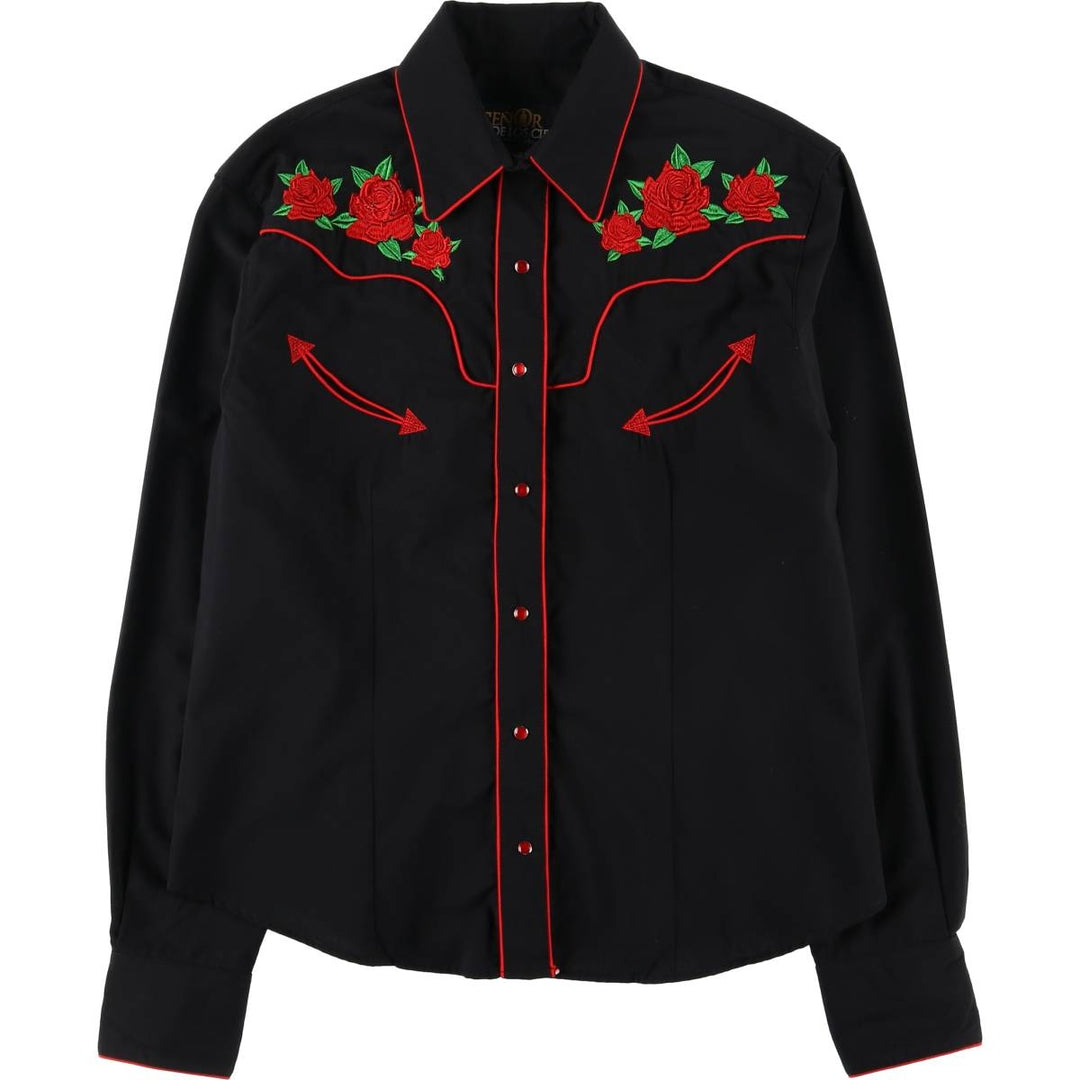 SENOR DE LOS CIELOS Floral Rose Pattern Long Sleeve Western Shirt, Women's, Size XL polyester black type Vintage Second Hand