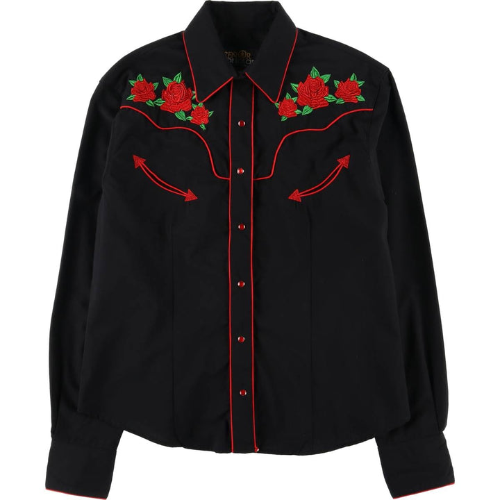 SENOR DE LOS CIELOS Floral Rose Pattern Long Sleeve Western Shirt, Women's, Size XL polyester black type Vintage Second Hand
