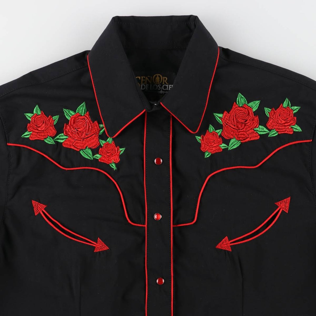 SENOR DE LOS CIELOS Floral Rose Pattern Long Sleeve Western Shirt, Women's, Size XL polyester black type Vintage Second Hand