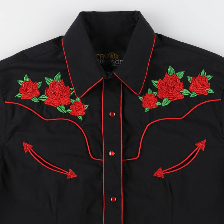 SENOR DE LOS CIELOS Floral Rose Pattern Long Sleeve Western Shirt, Women's, Size XL polyester black type Vintage Second Hand