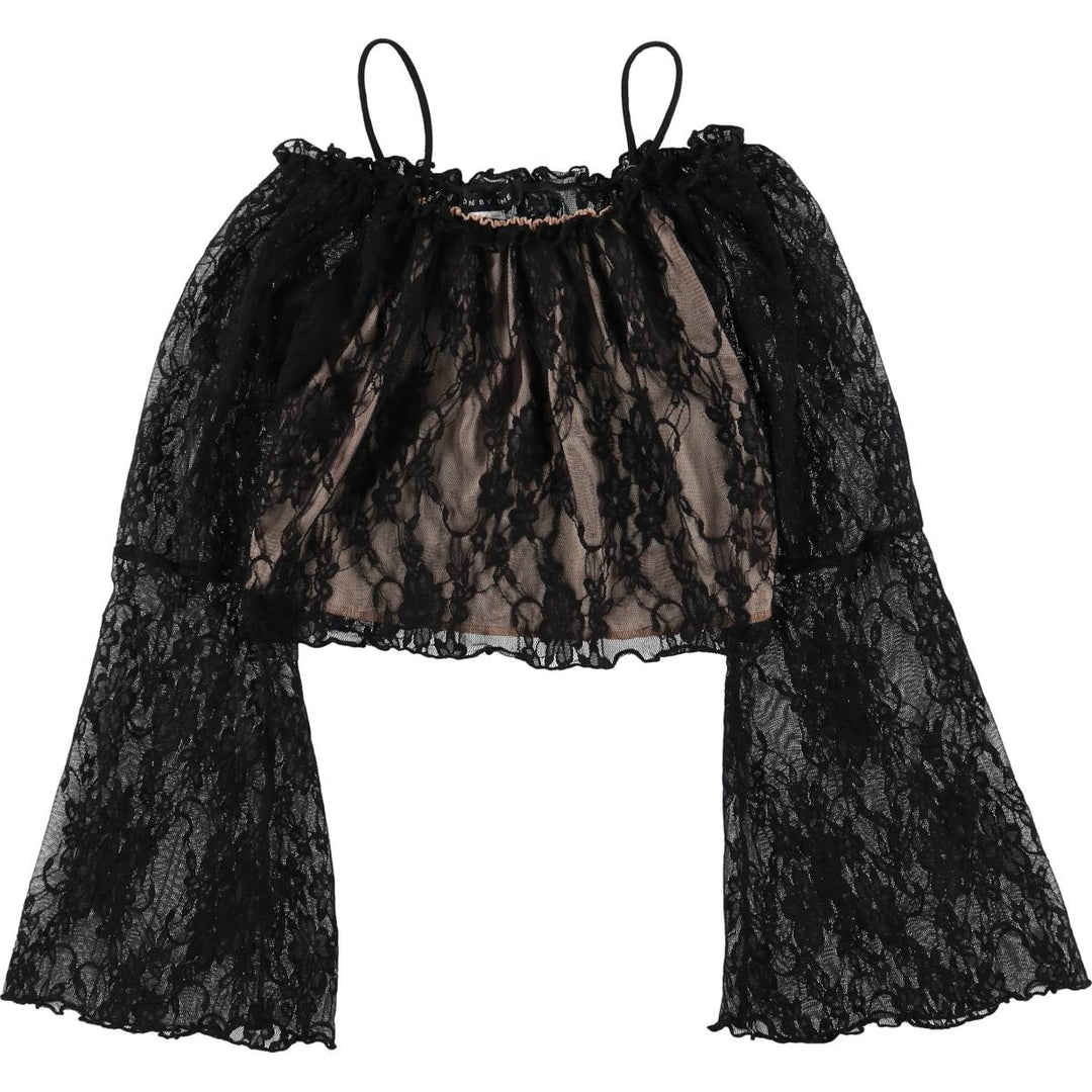 ONE BY ONE Cropped Long Sleeve See-Through Blouse, Women's Size M polyester black type Vintage Second Hand