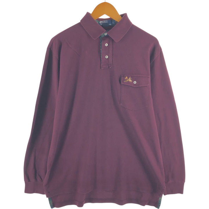 Ralph Lauren POLO by Ralph Lauren long sleeve polo shirt, men's size L cotton wine-red Vintage Second Hand