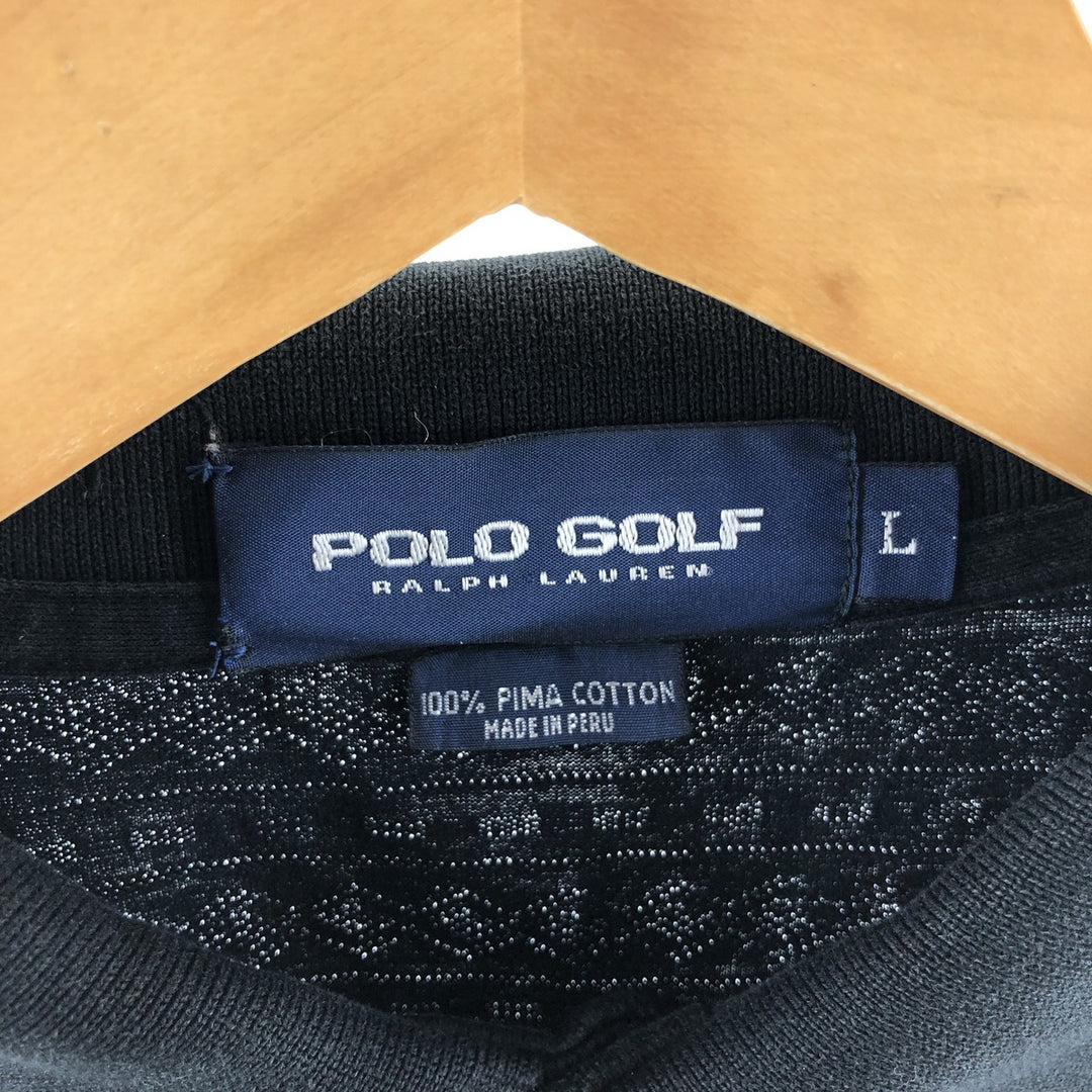 Ralph Lauren POLO GOLF All-over print long sleeve polo shirt, men's size L Pima Cotton black type Vintage Second Hand