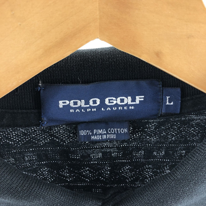 Ralph Lauren POLO GOLF All-over print long sleeve polo shirt, men's size L Pima Cotton black type Vintage Second Hand