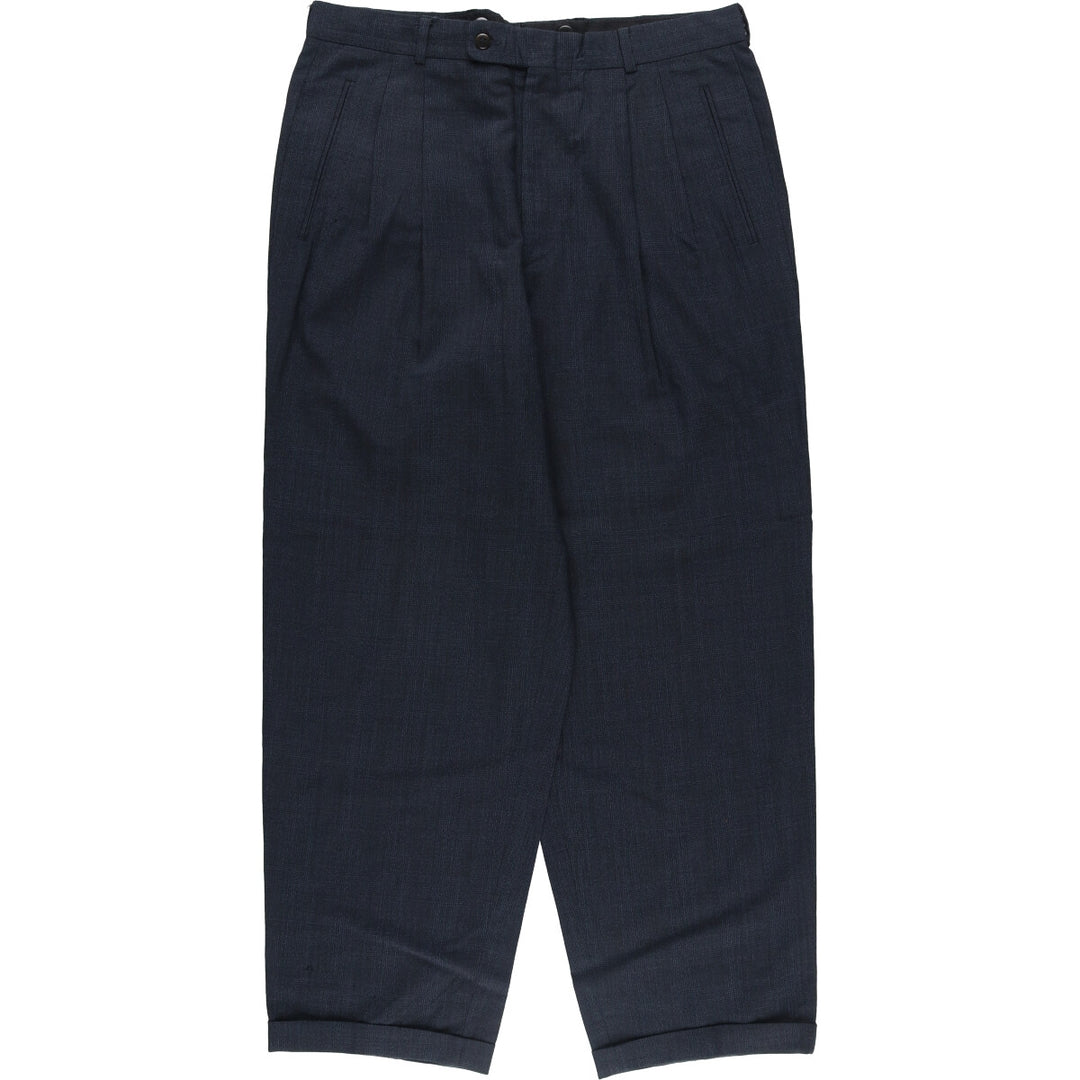 Check Pattern Two-pleat Wool Pants Slacks Men's W35 wool navy blue type Vintage Second Hand