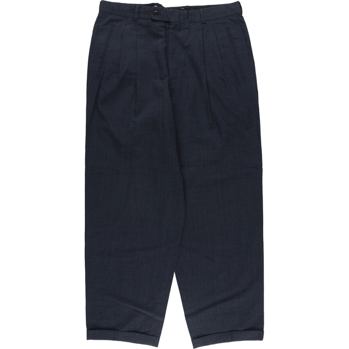 Check Pattern Two-pleat Wool Pants Slacks Men's W35 wool navy blue type Vintage Second Hand