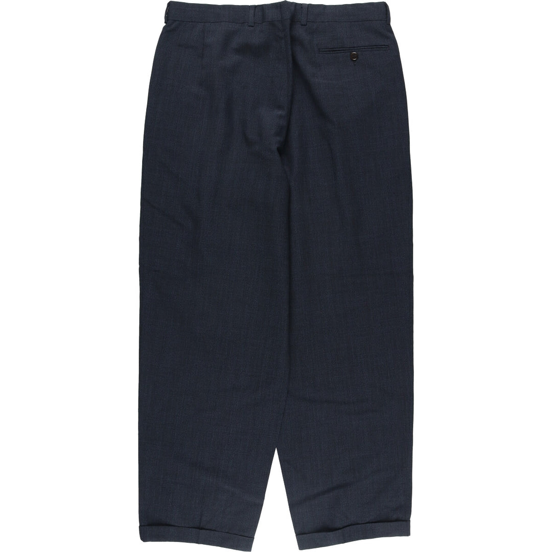Check Pattern Two-pleat Wool Pants Slacks Men's W35 wool navy blue type Vintage Second Hand