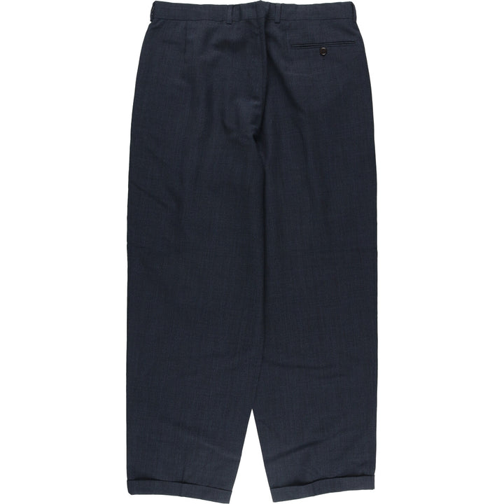 Check Pattern Two-pleat Wool Pants Slacks Men's W35 wool navy blue type Vintage Second Hand