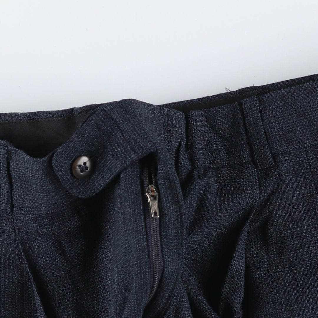 Check Pattern Two-pleat Wool Pants Slacks Men's W35 wool navy blue type Vintage Second Hand
