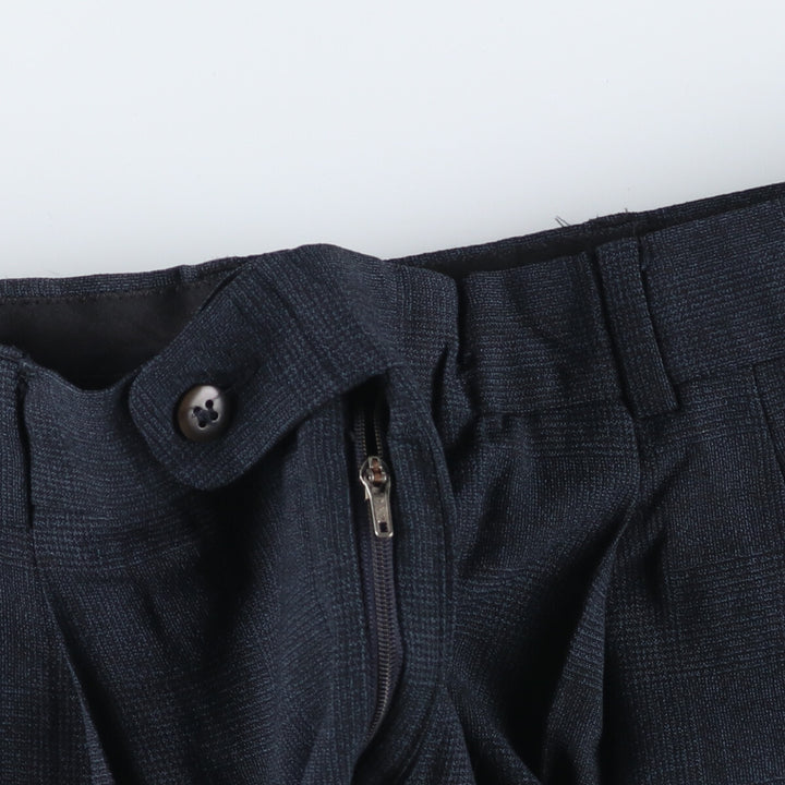 Check Pattern Two-pleat Wool Pants Slacks Men's W35 wool navy blue type Vintage Second Hand
