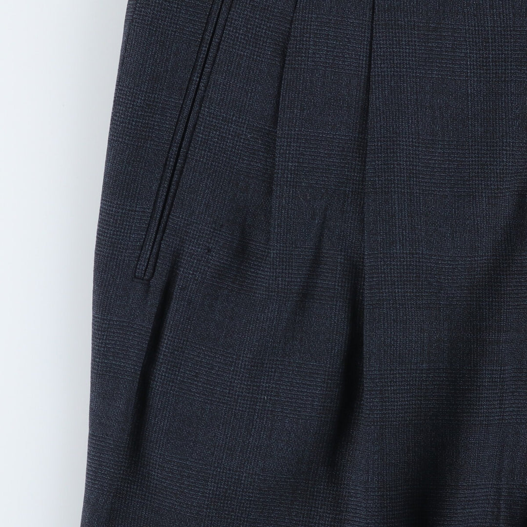 Check Pattern Two-pleat Wool Pants Slacks Men's W35 wool navy blue type Vintage Second Hand