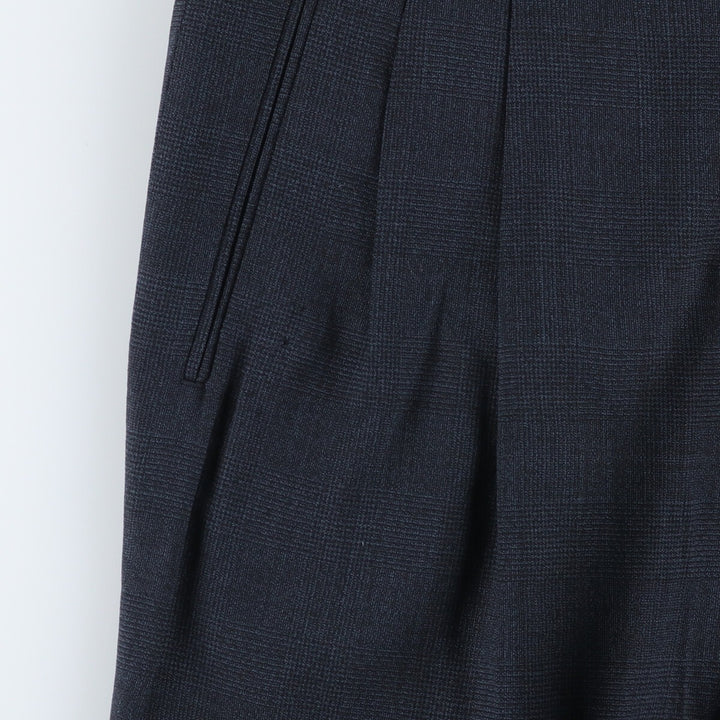 Check Pattern Two-pleat Wool Pants Slacks Men's W35 wool navy blue type Vintage Second Hand