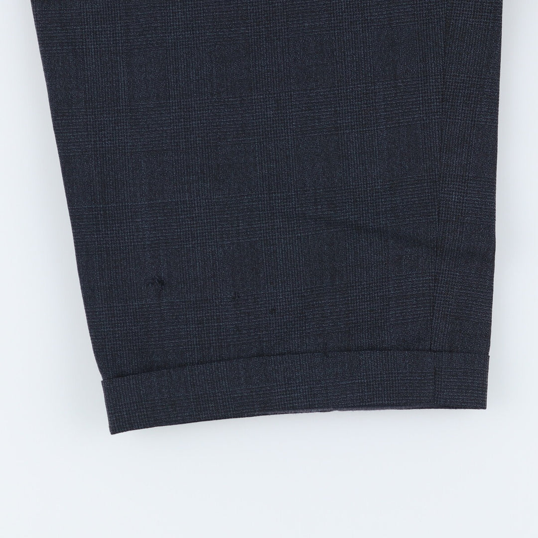 Check Pattern Two-pleat Wool Pants Slacks Men's W35 wool navy blue type Vintage Second Hand