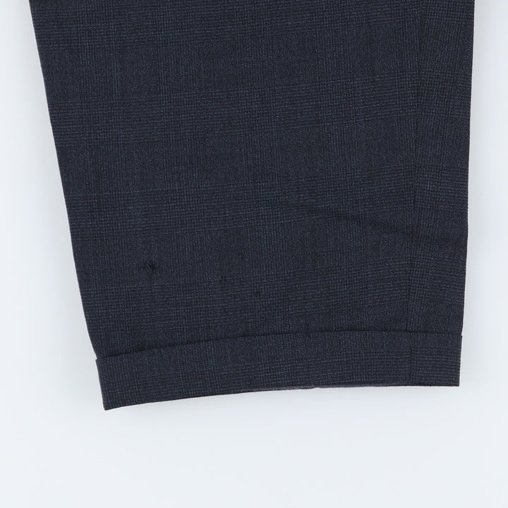Check Pattern Two-pleat Wool Pants Slacks Men's W35 wool navy blue type Vintage Second Hand