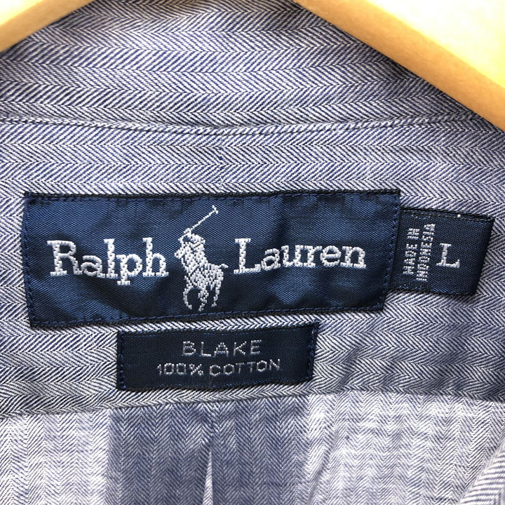 Ralph Lauren BLAKE herringbone long-sleeved button-down shirt, men's size L cotton navy blue type Vintage Second Hand