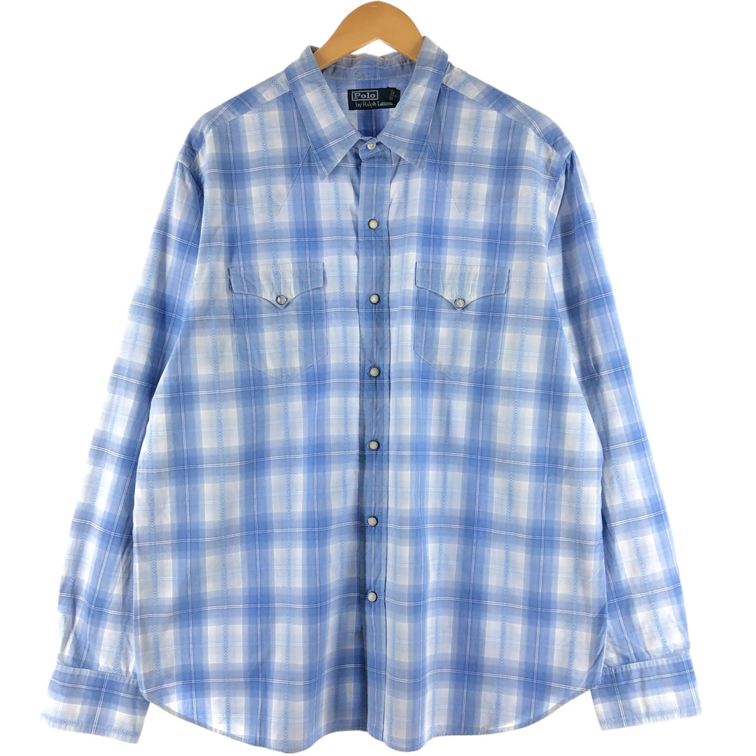 Ralph Lauren POLO by Ralph Lauren Long Sleeve Western Flannel Check Shirt, Men's XXL cotton Blue type light blue Vintage Second Hand