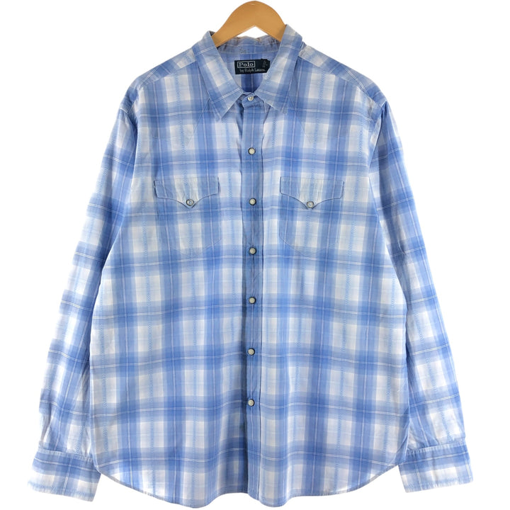 Ralph Lauren POLO by Ralph Lauren Long Sleeve Western Flannel Check Shirt, Men's XXL cotton Blue type light blue Vintage Second Hand