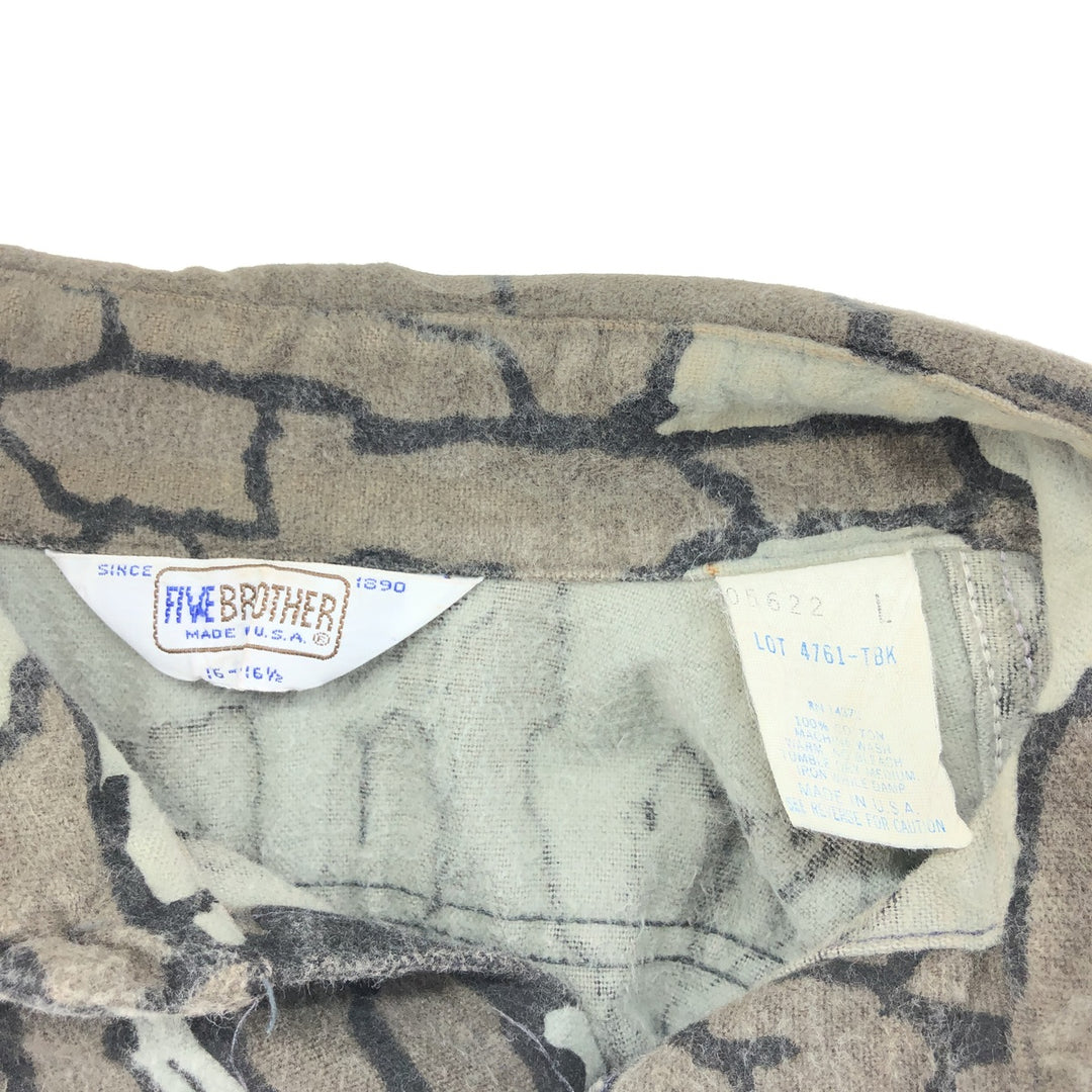 70s-80'S Five Brother Tree Bark Camo Long Sleeve Heavy Flannel Check Shirt Made in USA Men's L Size Vintage cotton brown type Vintage Second Hand