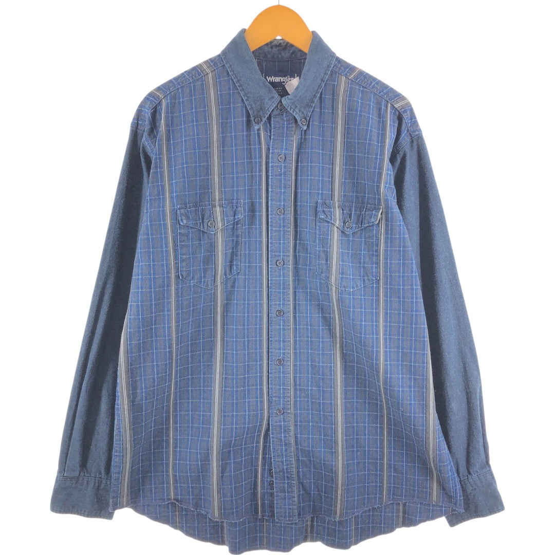 Wrangler Long Sleeve Button-Down Check Shirt, Men's XL cotton Indigo Vintage Second Hand