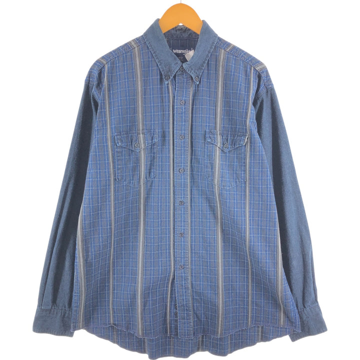 Wrangler Long Sleeve Button-Down Check Shirt, Men's XL cotton Indigo Vintage Second Hand