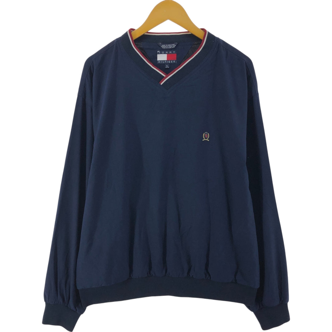 90s~ Tommy Hilfiger V-neck warm-up pullover, men's XL size, vintage polyester navy blue type Vintage Second Hand