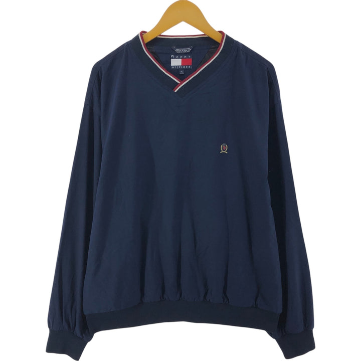 90s~ Tommy Hilfiger V-neck warm-up pullover, men's XL size, vintage polyester navy blue type Vintage Second Hand